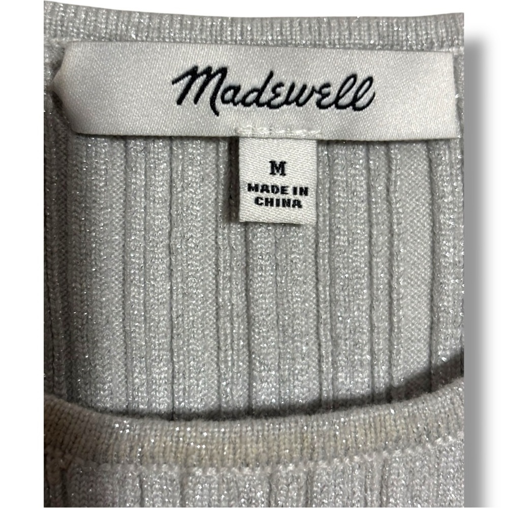 Madewell Blue/Silver Shiny Fitted Sleeveless Ribbed High Neck Racerback Tank Top - Picture 8 of 16